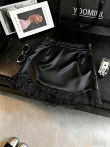Selianne Damen eleganter plissierter Saum Bogen Blumen Jacquard Satin glänzender elastischer Bund unsichtbarer Reißverschluss A-Linie Rock, geeignet für tägliche Fahrten und Dates - Schwarz - Übersicht 4