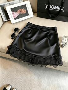 Selianne Damen eleganter plissierter Saum Bogen Blumen Jacquard Satin glänzender elastischer Bund unsichtbarer Reißverschluss A-Linie Rock, geeignet für tägliche Fahrten und Dates - Schwarz - Übersicht 1