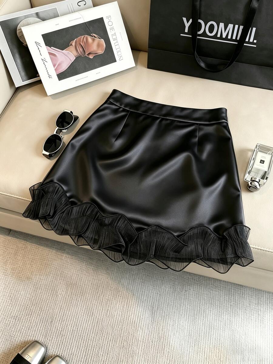 Selianne Damen eleganter plissierter Saum Bogen Blumen Jacquard Satin glänzender elastischer Bund unsichtbarer Reißverschluss A-Linie Rock, geeignet für tägliche Fahrten und Dates - Schwarz - Übersicht 1
