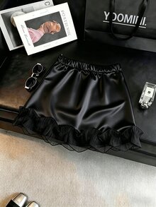 Selianne Damen eleganter plissierter Saum Bogen Blumen Jacquard Satin glänzender elastischer Bund unsichtbarer Reißverschluss A-Linie Rock, geeignet für tägliche Fahrten und Dates - Schwarz - Übersicht 2