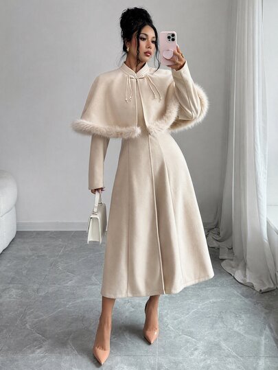 SHEIN Elenzya Women's Solid Color Cape Design Frog Button Patchwork Faux Fur Elegant Overcoat