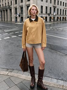 Struktiv Cropped Jacket, Contrast Collar Zip‑Up Drop‑Shoulder Long Sleeve, For Daily Commuting Streetwear, Vintage Casual Autumn Dark Brown Everyday Travel - Khaki - View 5