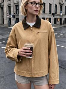 Struktiv Cropped Jacket, Contrast Collar Zip‑Up Drop‑Shoulder Long Sleeve, For Daily Commuting Streetwear, Vintage Casual Autumn Dark Brown Everyday Travel - Khaki - View 4