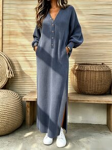 Holdful Holdful Middle-Aged Women Solid Color V-Neck Button Half-Placket Long Sleeve Split Hem Dress - Navy Blue - View 7