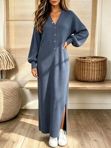 Holdful Holdful Middle-Aged Women Solid Color V-Neck Button Half-Placket Long Sleeve Split Hem Dress - Navy Blue - View 5