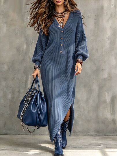 Holdful Holdful Middle-Aged Women Solid Color V-Neck Button Half-Placket Long Sleeve Split Hem Dress