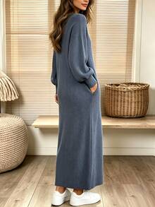 Holdful Holdful Middle-Aged Women Solid Color V-Neck Button Half-Placket Long Sleeve Split Hem Dress - Navy Blue - View 2