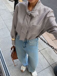 Elyressa Women's Plaid Tie Collar Long Sleeve Casual Commute Shirt - Khaki - View 5