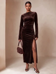 Vesra Women's Solid Color Boat Neck Velvet High Slit Dress - Coffee - View 6