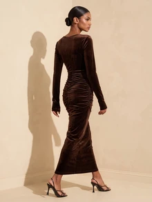 Vesra Women's Solid Color Boat Neck Velvet High Slit Dress - Coffee - View 2