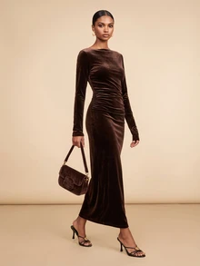 Vesra Women's Solid Color Boat Neck Velvet High Slit Dress - Coffee - View 5