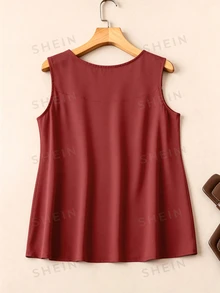 EMERY ROSE Top sin mangas de mujer de unicolor y cuello redondo como ropa para Año Nuevo - Rojo - Ver 2