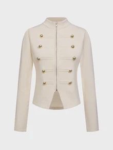 LUMIGAL Women's Fall Fashion Double-Breasted White And Gold Button Decor Ribbed Knit Cardigan Stand Collar Zip Front Slim Fit Cropped Sweater Elegant Office - Apricot - View 4
