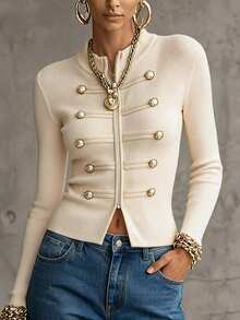 LUMIGAL Women's Fall Fashion Double-Breasted White And Gold Button Decor Ribbed Knit Cardigan Stand Collar Zip Front Slim Fit Cropped Sweater Elegant Office - Apricot - View 3