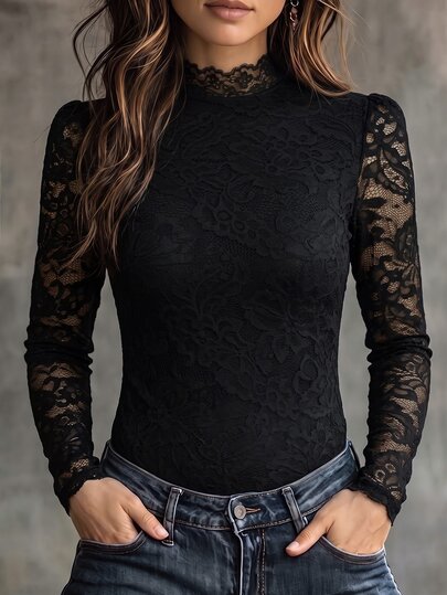 Vavine Top elegante y sexy para mujer de cuello redondo con patchwork de encaje en color negro, otoño/invierno