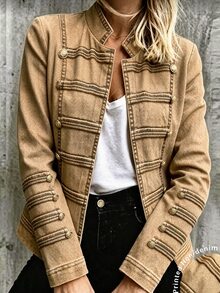 SHEIN Women's Blue Printed Stand Collar Jacket, Double-Breasted Metal Button Vintage Court Style Cardigan, Chinese Stand Collar, Long Sleeve Open Front - Khaki - View 6