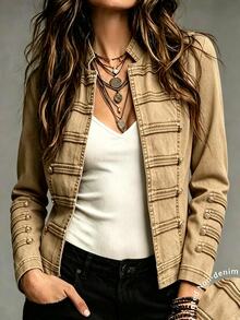 SHEIN Women's Blue Printed Stand Collar Jacket, Double-Breasted Metal Button Vintage Court Style Cardigan, Chinese Stand Collar, Long Sleeve Open Front - Khaki - View 2