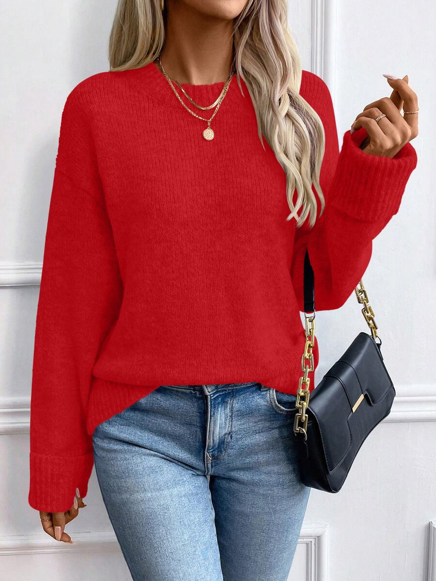 SHEIN Women's Fashion Red Round Neck Rolled Sleeve Wool Blend Pullover Sweater, Suitable For Autumn/Winter Casual Shopping, Holiday Parties, Dates - Red - View 1