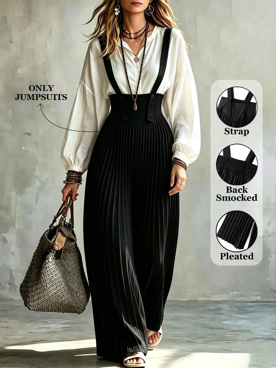 SHEIN Women's Solid Color Pleated Button Strap Wide Leg Jumpsuit Black Elastic Waist Spring Fall Winter Outfit Elegant Party Office Dinner Christmas - Black - View 1