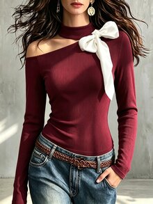 SHEIN Women's Half-High Neck One-Shoulder Asymmetrical Cut-Out Off-Shoulder Top WithWhite Contrast Ribbon Bow Decor, Long Sleeve,Cinched Waist - Burgundy - View 4