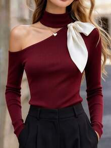 SHEIN Women's Half-High Neck One-Shoulder Asymmetrical Cut-Out Off-Shoulder Top WithWhite Contrast Ribbon Bow Decor, Long Sleeve,Cinched Waist - Burgundy - View 1