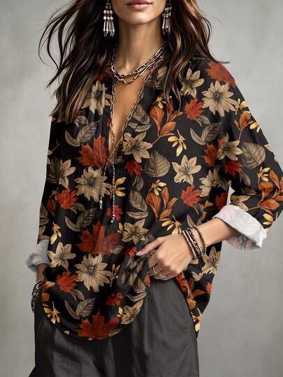 Linhara CURVE Plus Size Vintage Autumn Maple Leaf Floral Print Notched V-Neck Long Sleeve Blouse, Casual Elegant Fall Tops For Curvy Women