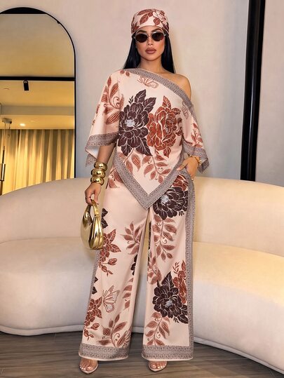 SOLERSUN Women's Vintage Floral Print Two Pieces Set, Vintage Scarf Print Short Sleeve Top And Wide Leg Pants, Elegant Resort Wear Vacation Outfit
