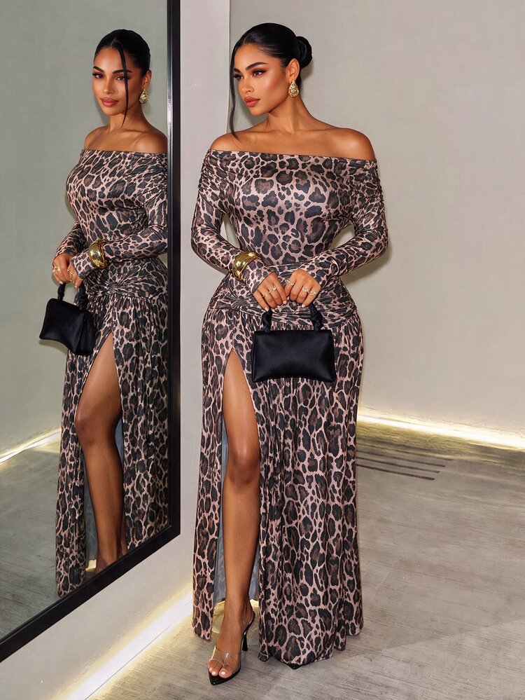 BamGleam Pink Leopard Print Off-Shoulder Ruched Cinched Waist Dress - Pink - View 4