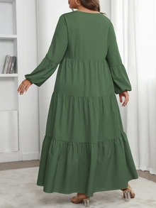 Vionelle 大尺碼女款春夏純色圓領燈籠袖荷葉邊下擺寬鬆休閒長洋裝秋季女裝 - 墨綠色 - 查看 2