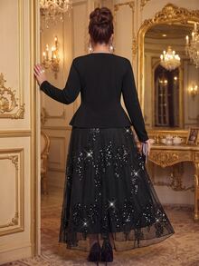 Roveilla Plus Size Collarless Blazer + Sequin Skirt Women's Suit Set Formal Evening Black Summer Formal Elegant - Black - View 2