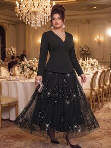 Roveilla Plus Size Collarless Blazer + Sequin Skirt Women's Suit Set Formal Evening Black Summer Formal Elegant - Black - View 5