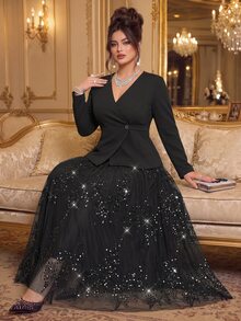 Roveilla Plus Size Collarless Blazer + Sequin Skirt Women's Suit Set Formal Evening Black Summer Formal Elegant - Black - View 3