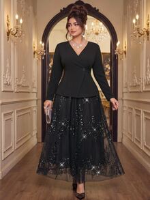 Roveilla Plus Size Collarless Blazer + Sequin Skirt Women's Suit Set Formal Evening Black Summer Formal Elegant - Black - View 4