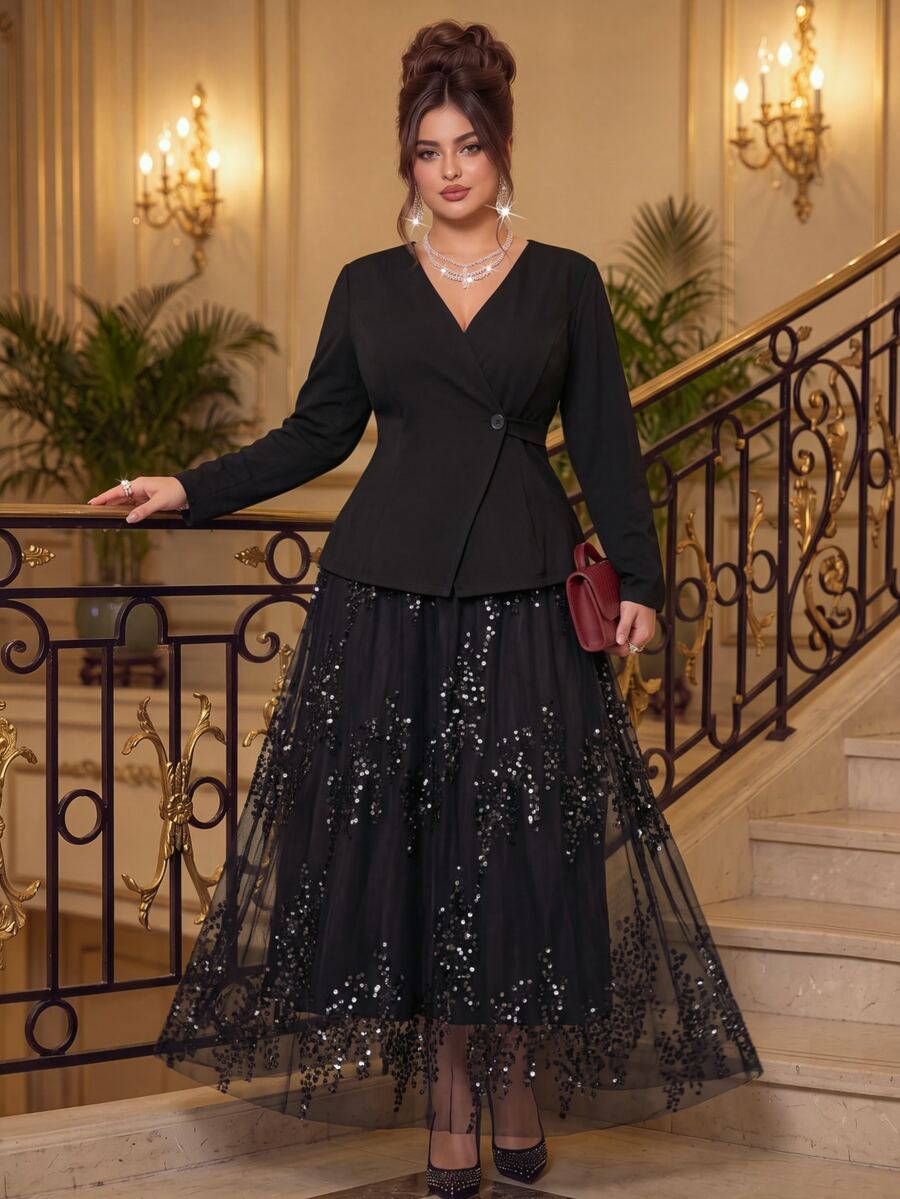 Roveilla Plus Size Collarless Blazer + Sequin Skirt Women's Suit Set Formal Evening Black Summer Formal Elegant - Black - View 1