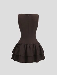 Sweetra Dark Brown,Summer,Elegant,Tea Party Vintage Boho Sleeveless A-Line Double-Layer Ruffle Mini Dress,Vacation Date Music Festival Work Commute - Coffee - View 2