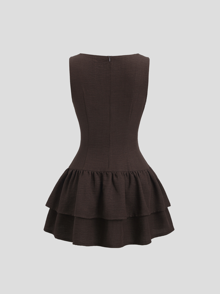 Sweetra Dark Brown,Summer,Elegant,Tea Party Vintage Boho Sleeveless A-Line Double-Layer Ruffle Mini Dress,Vacation Date Music Festival Work Commute - Coffee - View 2