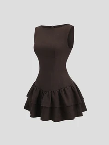Sweetra Dark Brown,Summer,Elegant,Tea Party Vintage Boho Sleeveless A-Line Double-Layer Ruffle Mini Dress,Vacation Date Music Festival Work Commute - Coffee - View 7
