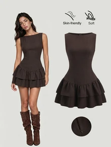Sweetra Dark Brown,Summer,Elegant,Tea Party Vintage Boho Sleeveless A-Line Double-Layer Ruffle Mini Dress,Vacation Date Music Festival Work Commute - Coffee - View 1
