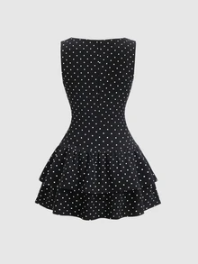 Sweetra 春夏法式復古可愛黑白波點浪漫無袖收腰雙層荷葉邊裙擺優雅通勤野餐連身裙女款 - 黑色 - 查看 2
