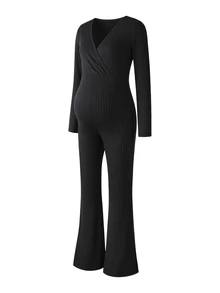 GentleRue Maternity Maternity Minimalist Daily Pleated Long Sleeve Jumpsuit Fall - Black - View 6