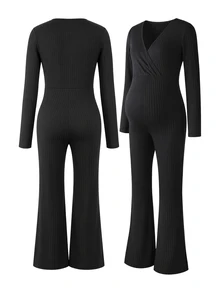 GentleRue Maternity Maternity Minimalist Daily Pleated Long Sleeve Jumpsuit Fall - Black - View 7