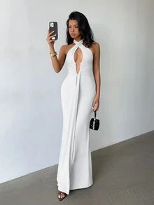 Glamine White Deep‑V Fishbone Sash Bodycon Long Dress,Suitable For Party Gathering,Date Outfit,Seaside Vacation,Birthday Party,Wedding Guest Outfit - White - View 7