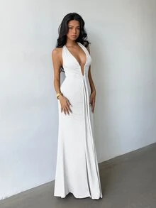 Glamine White Deep‑V Fishbone Sash Bodycon Long Dress,Suitable For Party Gathering,Date Outfit,Seaside Vacation,Birthday Party,Wedding Guest Outfit - White - View 3