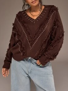 Freevana Women's Plus Size Brown Loose Pullover Sweater, Knit Top, Brown Color, Rhinestone Embellishment, Frayed Edge Design, Autumn/Winter Women's Clothing - Brown - View 5