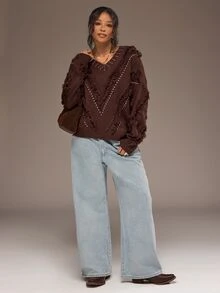 Freevana Women's Plus Size Brown Loose Pullover Sweater, Knit Top, Brown Color, Rhinestone Embellishment, Frayed Edge Design, Autumn/Winter Women's Clothing - Brown - View 3