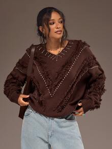 Freevana Women's Plus Size Brown Loose Pullover Sweater, Knit Top, Brown Color, Rhinestone Embellishment, Frayed Edge Design, Autumn/Winter Women's Clothing - Brown - View 7