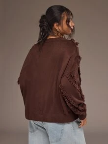 Freevana Women's Plus Size Brown Loose Pullover Sweater, Knit Top, Brown Color, Rhinestone Embellishment, Frayed Edge Design, Autumn/Winter Women's Clothing - Brown - View 8