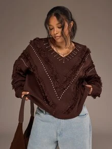 Freevana Women's Plus Size Brown Loose Pullover Sweater, Knit Top, Brown Color, Rhinestone Embellishment, Frayed Edge Design, Autumn/Winter Women's Clothing - Brown - View 6