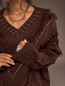 Freevana Women's Plus Size Brown Loose Pullover Sweater, Knit Top, Brown Color, Rhinestone Embellishment, Frayed Edge Design, Autumn/Winter Women's Clothing - Brown - View 2