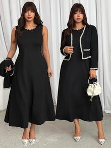 GalTyme Setelan Elegan 2 Potong Wanita Ukuran Plus dengan Trim Webbing, Jaket Depan Terbuka dan Gaun Tanpa Lengan untuk Musim Gugur - Hitam - View 4